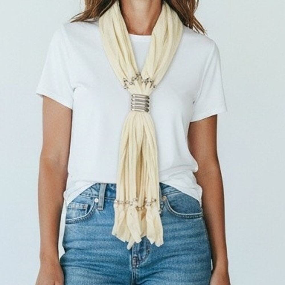 Cream Fashion Scarf Silver Ring Fringe Trimmed Adjustable NWOT